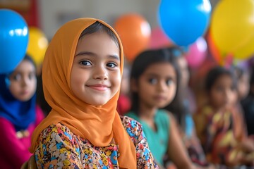 Smiling girl in hijab at children's party