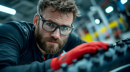 Focused male mechanic inspecting bicycle tire in workshop; industrial background; suitable for advertising cycling maintenance or repair services