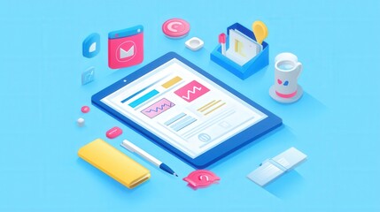 Digital workspace scene featuring tablet with graphs, stationery, and coffee cup on blue background