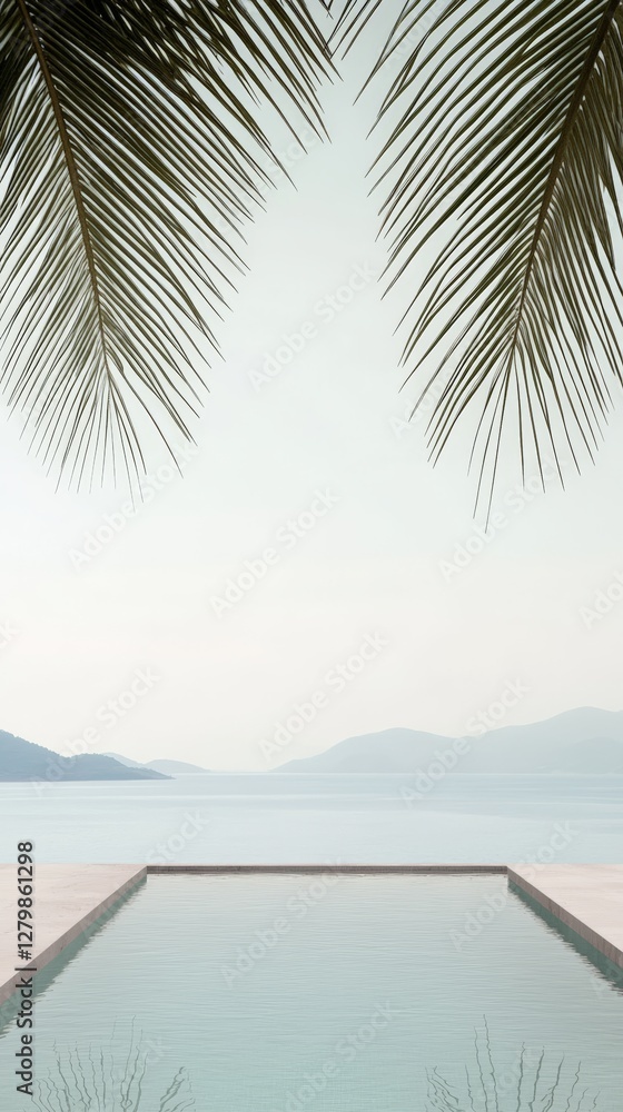 Poster palm trees framing an infinity pool overlooking a tranquil ocean with misty mountains in the backgro