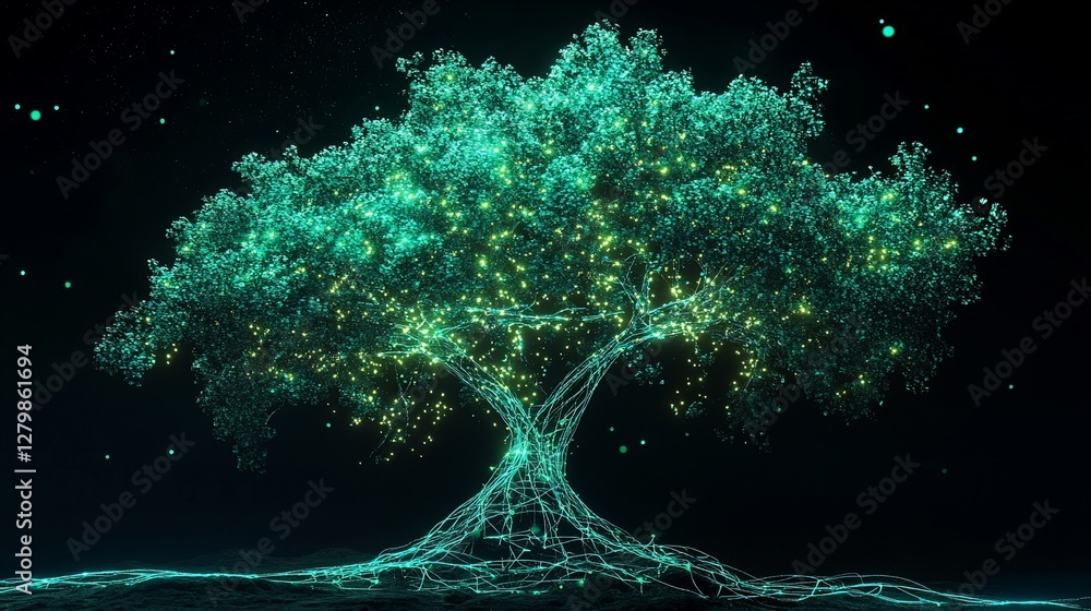 Poster a bioluminescent tree glows with a network of light against a dark sky with floating glowing particl