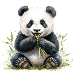 Fototapeta premium Cute Panda Cub Eating Bamboo In Watercolor Style Illustration
