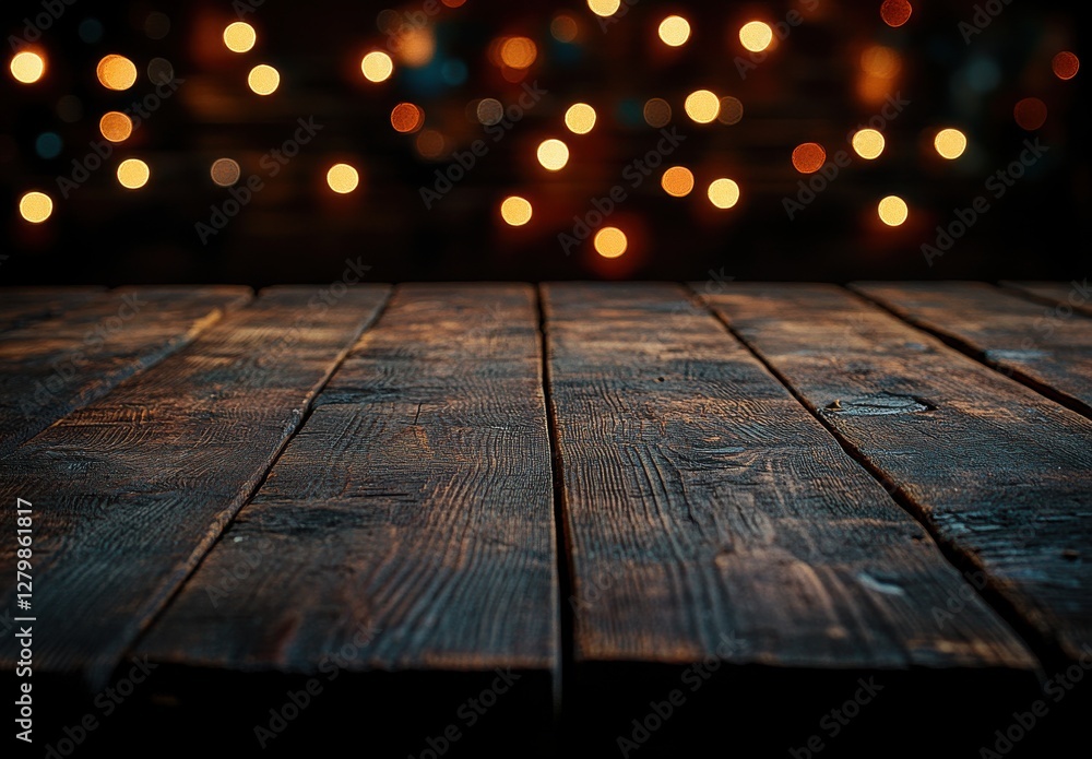 Poster rustic wooden table surface with warm holiday lights in the background creating a cozy and inviting 