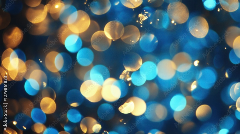 Poster abstract bokeh background featuring blue and gold lights creating a festive atmosphere