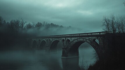 Fototapeta premium A stone arch bridge disappears into a dense fog under a cloudy sky, conveying a sense of mystery
