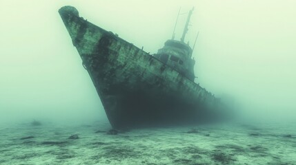 Fototapeta premium An eerie underwater image of a sunken ship surrounded by murky water, providing a sense of mystery and decay