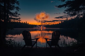 Fototapeta premium Serene Evening by the Lake with Fireworks Display Lighting Up the Sky and Reflecting on the Water Surrounded by Natural Beauty and Peaceful Chairs
