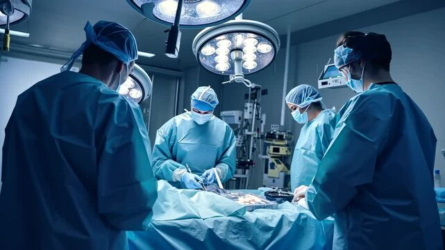 Aerial view of surgeons in a brightly lit operating room, performing surgery. The video captures a clinical, focused atmosphere with precision.