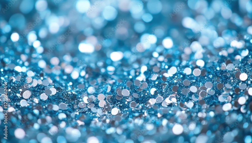 Poster shimmering blue and silver glitter background with various sizes of sparkling particles for creative