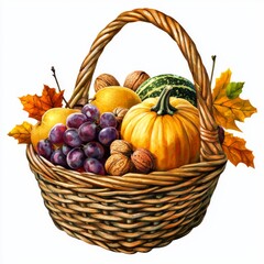 Colorful Basket of Fresh Fruits and Nuts with Autumn Leaves in a Vibrant Still Life Composition