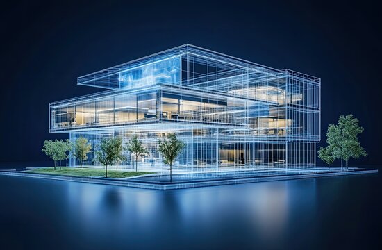 Futuristic transparent building model with wireframe hologram overlay, optimized for architectural websites, smart city presentations and tech innovation blog headers.