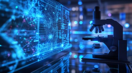 Futuristic lab monitor, microscope, research