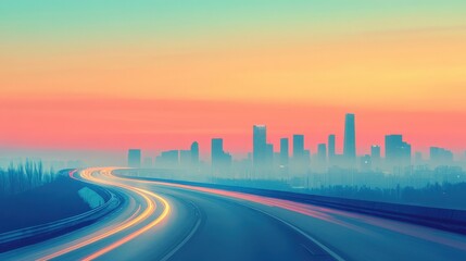 Obraz premium Urban skyline at sunrise with vibrant pastel colors, silhouettes of buildings reflecting the light, and winding road, creating a serene atmosphere