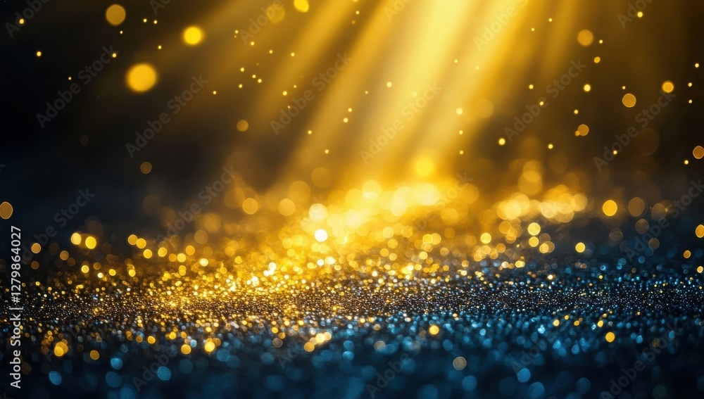 Poster shimmering golden and blue particles with gentle light rays creating a dreamy atmospheric background