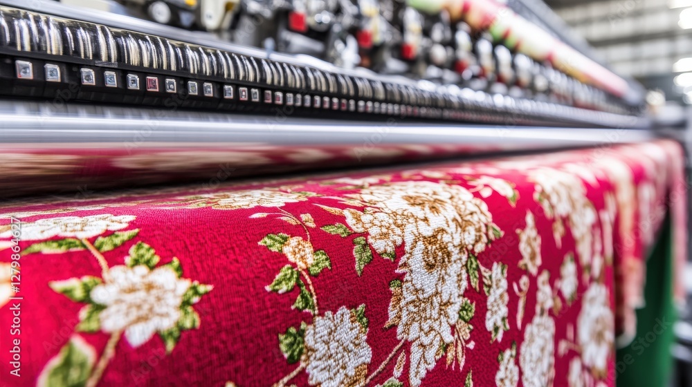 Poster close-up of floral fabric rolling off a textile printing machine in a factory. the image showcases t
