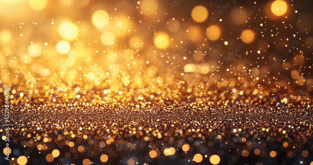 Poster shimmering golden particles creating a dazzling bokeh effect on a dark background, perfect for festi