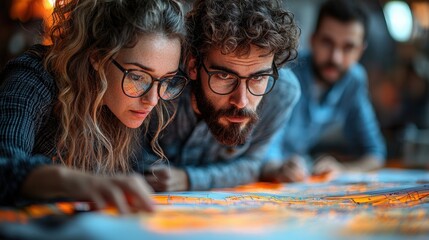 Fototapeta premium Three People Examining A Map Carefully At A Table