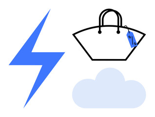 Lightning bolt, shopping bag with price tag, and cloud visual elements. Ideal for e-commerce, fast delivery, online shopping, digital marketing, cloud computing, retail innovation efficiency