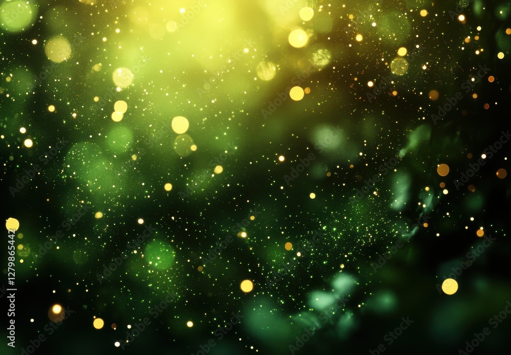 Poster shimmering green and gold abstract background with soft bokeh effect for creative and artistic proje