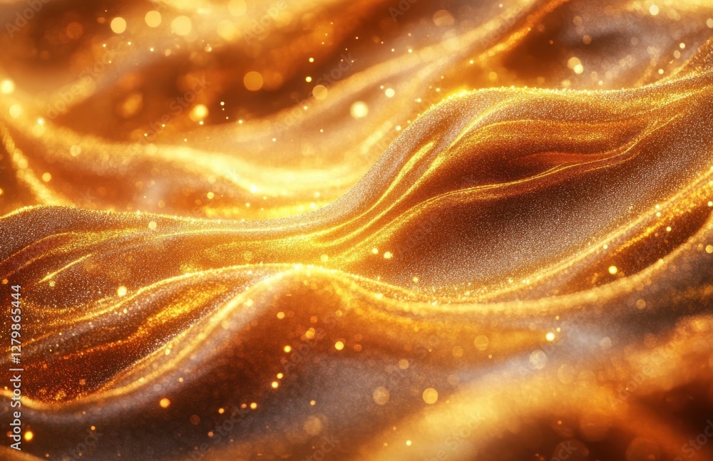 Poster shimmering golden waves with sparkling glints in a dynamic flowing motion enhanced by luminous parti