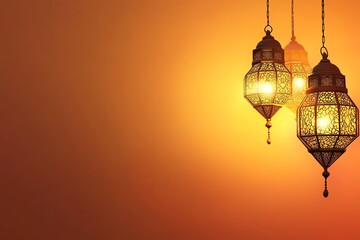 Obraz premium banner for ramadhan , Ornate Islamic hanging lamps glow with golden light on a gradient orange-to-gold background, perfect for festive Ramadan messages and designs.