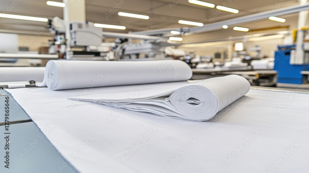 Poster rolls of white fabric in a textile factory. close-up view of neatly stacked and rolled cloth, showca