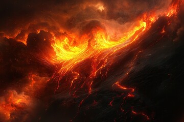 An explosive volcanic eruption against a dark sky, fiery orange and red glowing lava.