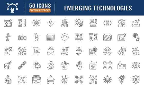 Emerging technologies line editable icon set. Containing ai, machine learning, augmented, virtual reality, iot, blockchain, quantum computing, artificial technology and more. Vector illustration