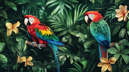 Obraz premium Two Colorful Macaws Perched on Branch Among Lush Green Tropical Foliage