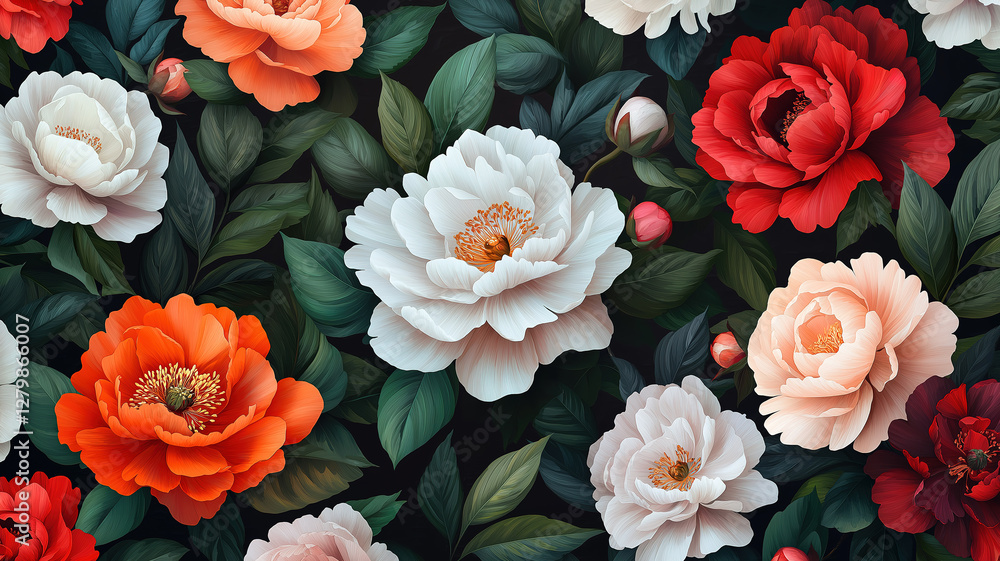 Poster seamless design of multicolored peonies on a black background, adding a touch of sophistication