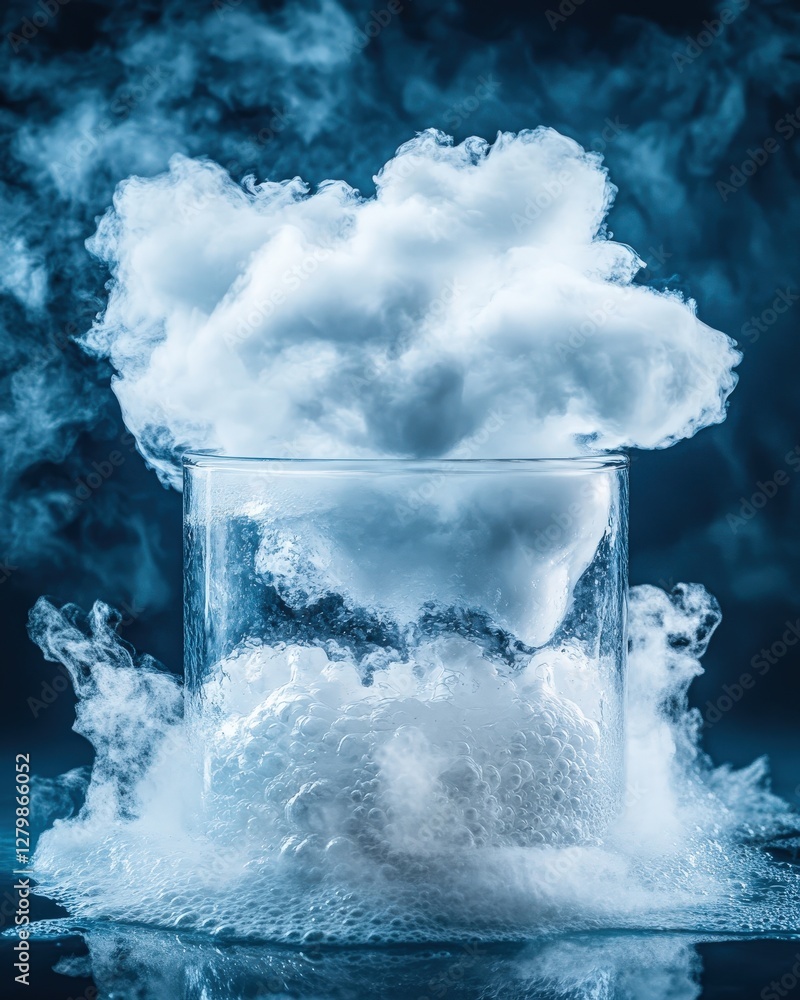 Poster dramatic close-up of dry ice sublimating in a glass, creating a mystical, ethereal cloud effect. per