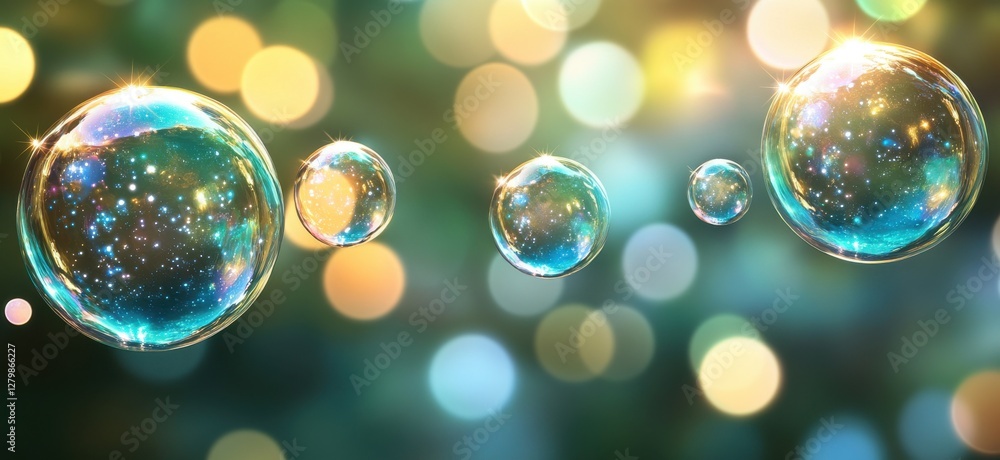 Poster shimmering soap bubbles floating in a magical light with soft colorful background enhancing the beau