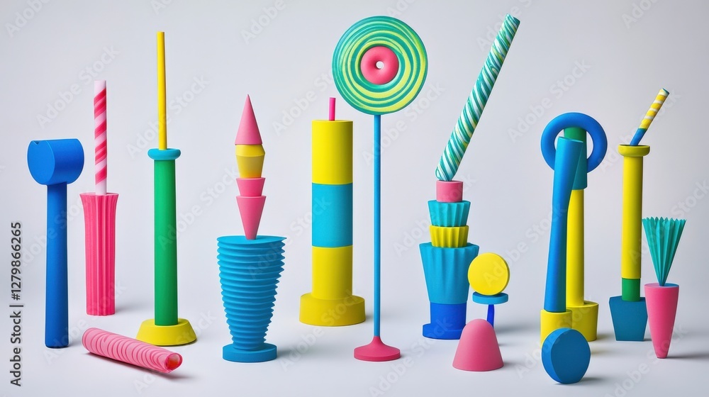 Poster colorful abstract shapes and patterns arranged artistically on a clean background for design use