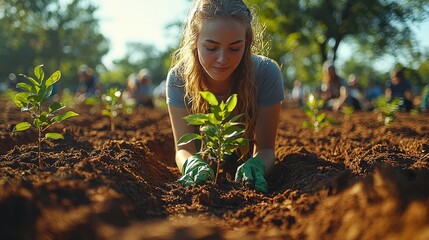 Woman planting tree, community volunteer work, park, sunny day, environmental conservation
