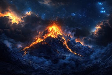 A volcano erupting with fiery lava amidst dramatic cloud cover, colorful and intense.