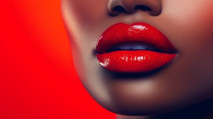 Obraz premium Close up of beautiful plump lips with red lipstick highlighting white teeth, creating a striking contrast against a vibrant red background, perfect for beauty and cosmetics concepts