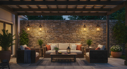 Fototapeta premium Seamless Elegance: A Trendy Backyard Patio with a Rustic Stone Wall 