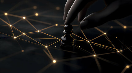 A hand moves a black chess pawn on a glowing network, symbolizing strategy and connection in a digital age.