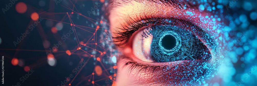 Poster close up of an eye with futuristic digital graphics overlaid, representing advanced vision, technolo