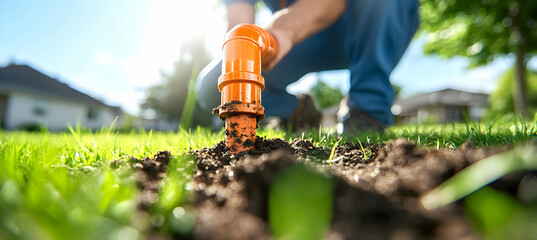 Gardener installing irrigation system in residential backyard, sunny day, houses in background; for landscaping or home improvement websites