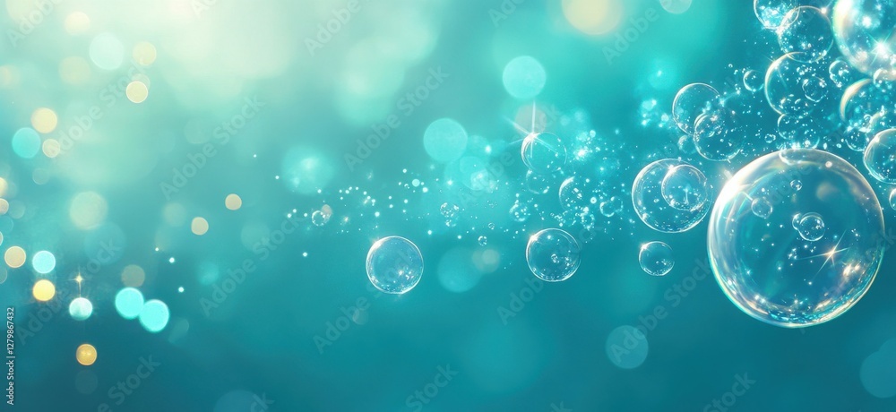 Poster soft focus background with colorful soap bubbles floating in air against a dreamy blurred backdrop o