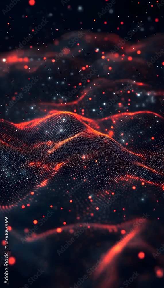 Poster red and dark abstract rendering of particles in the cosmos