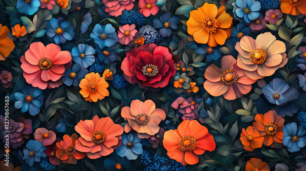 Poster close-up of mixed colorful flowers creating a bright and cheerful background