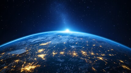 Obraz premium Earth at dawn from space; city lights; vastness of space; inspiring view; stunning photo