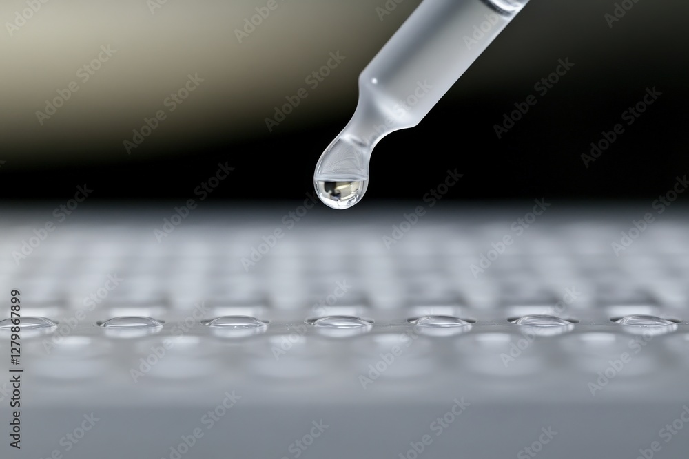 Poster close-up of a pipette dispensing a drop of liquid into a microplate, showcasing scientific precision