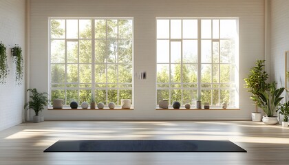 Fototapeta premium Bright yoga studio interior with plants and large windows