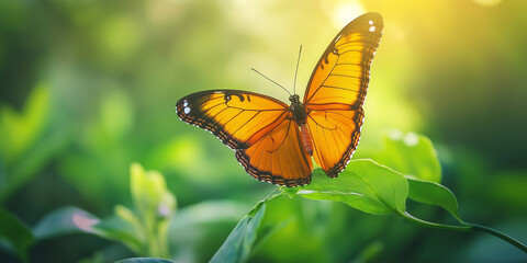Fototapeta premium Orange Butterfly on Green Leaf in Sunlight