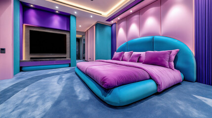 Futuristic Luxury Bedroom with Vibrant Purple and Blue Tones, Plush Velvet Bed, Soft Lighting, Modern Entertainment System, and Bold Interior Design Aesthetic