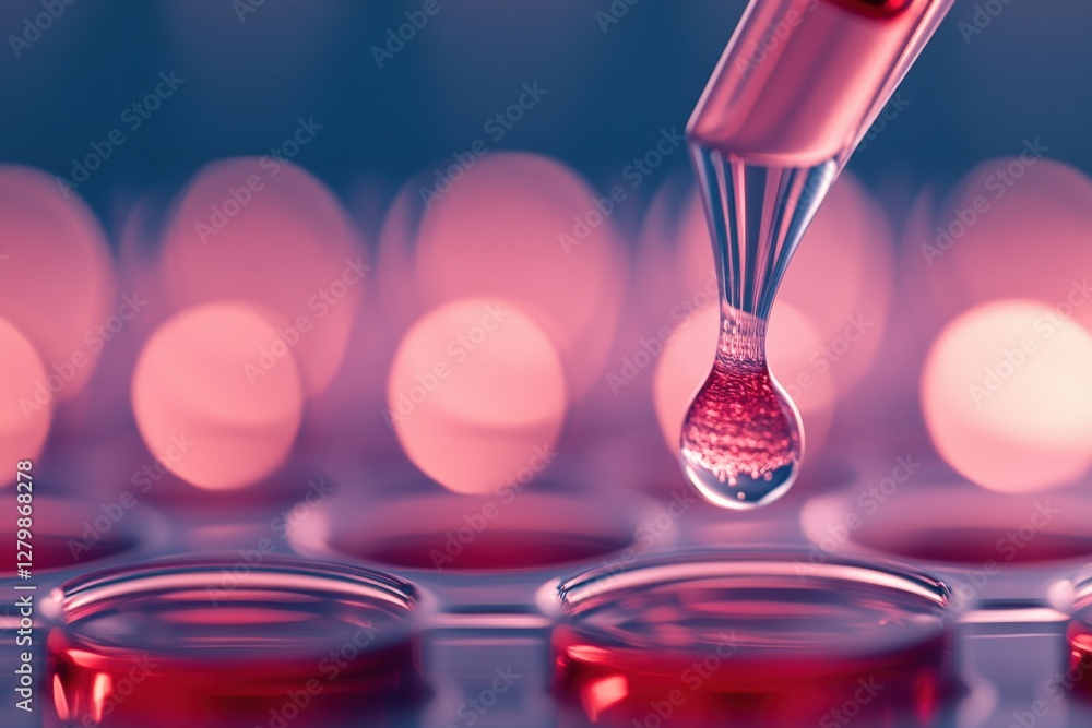 Poster a single drop of crimson liquid hangs from a pipette above a microplate filled with similar liquid, 