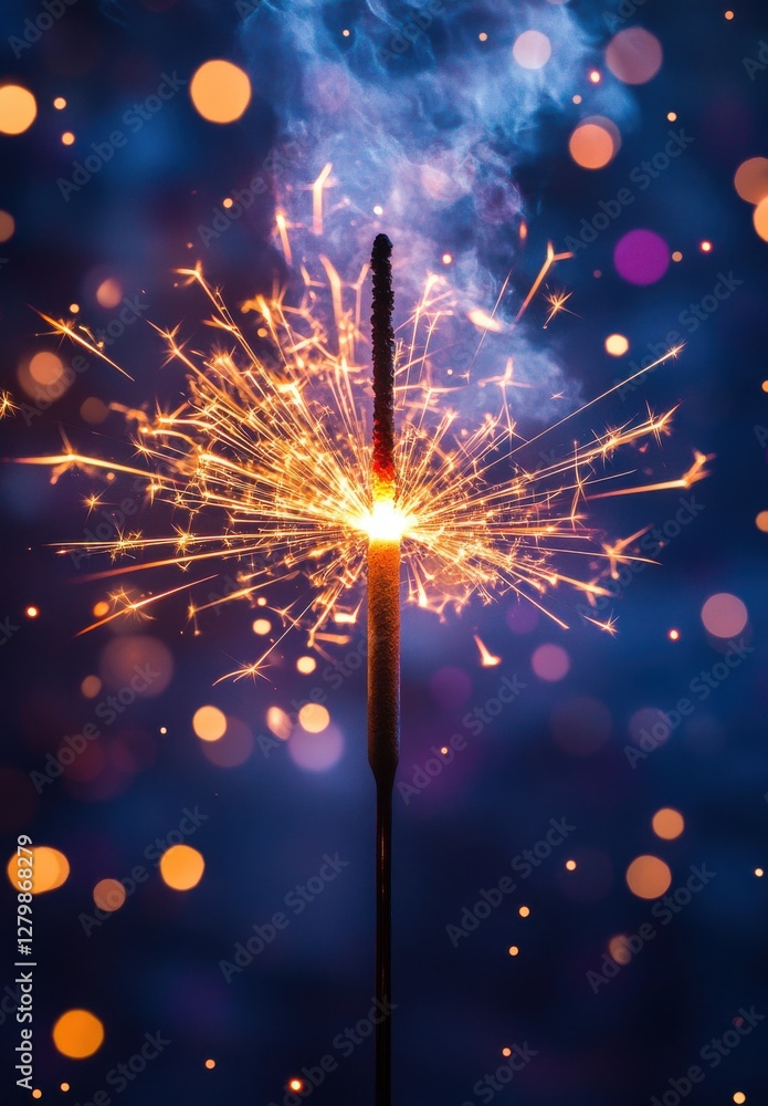 Poster sparkler igniting with bright sparks against a dreamy bokeh background, creating a festive and magic